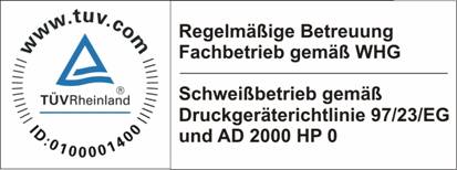 WHG Fachbetrieb Druckgeraeterichtlinie 97 23 EG AD 2000 HP 0 TUeV Rheinland 0100001400